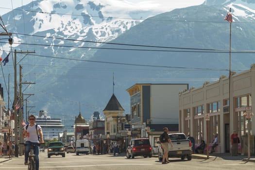 SKAGWAY, ALASKA, USA - JULY 12, 2011: Main Shopping District in the Small Town of Skagway in Alaska.