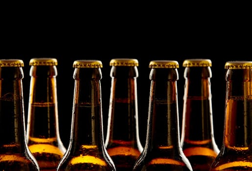 Row of chilled unopened brown beer bottles in a close up view of the necks and tops over a black background conceptual of Oktoberfest