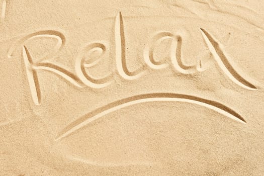 Relax sketched into golden beach sand with copy space below conceptual of tropical resorts and summer vacations