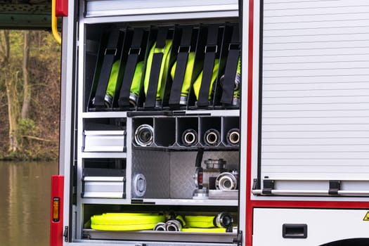 Components of a fire brigade equipment in a firefighting group vehicle of the German fire brigade..