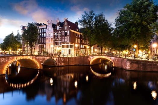 Amsterdam city by night with classified UNESCO canals, Netherlands