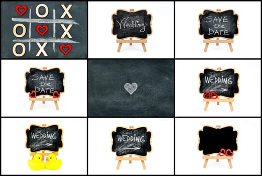 Photo collage of wedding symbols, wooden easel mini blackboards with chalk surface with text WEDDING and SAVE THE DATE