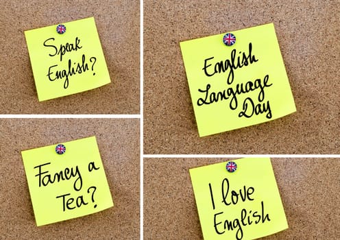 Photo Collage of various written texts with message Learn English over yellow paper note pinned on cork board