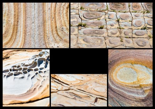 Photo Collage of various Australian rock formation background, sandstone texture with iron traces in australia, devonian stones. Copy space available for text in the middle
