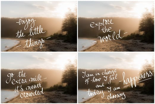 Photo Collage of Handwritten motivational texts over sunset calm sunny beach background with vintage filter applied