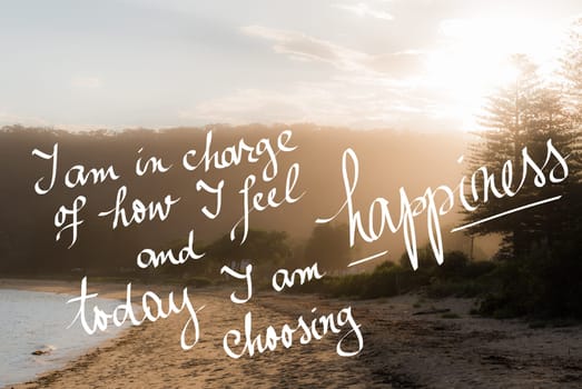 Today I Am Choosing Happiness message. Handwritten motivational text over sunset calm sunny beach background with vintage filter applied