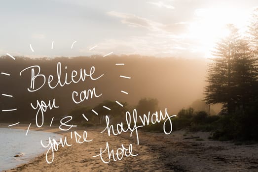Believe You Can and You Are HalfWay There message. Handwritten motivational text over sunset calm sunny beach background with vintage filter applied