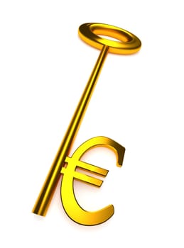 Golden key with Euro sign on a white background, 3d rendering