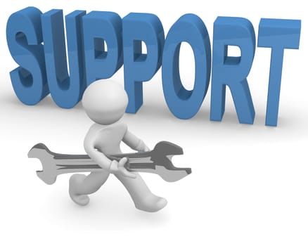 Small man with a wrench and the big word Support, service concept 3d rendering