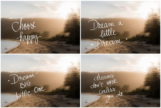 Photo Collage of Handwritten motivational texts over sunset calm sunny beach background with vintage filter applied