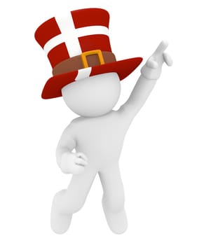 Jumping man with a hat of Denmark on a white background, 3d rendering
