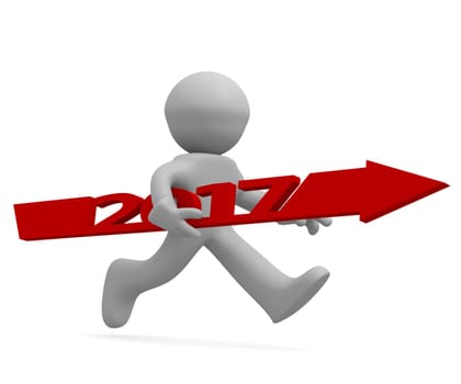 Upswing concept with a character holding a red arrow of 2017, 3d rendering