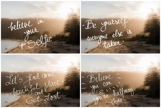 Photo Collage of Handwritten motivational texts over sunset calm sunny beach background with vintage filter applied