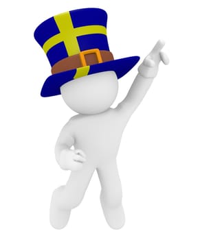 Swedish fan jumping high with the flag of Sweden on his hat 3d rendering