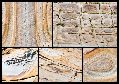 Photo Collage of various Australian rock formation background, sandstone texture with iron traces in australia, devonian stones
