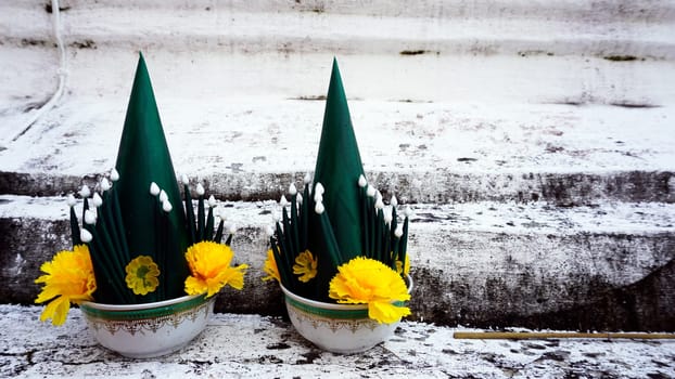 Pair of Art of banana leaf and flower buddhism, culture of thailand, ceremony bai sri