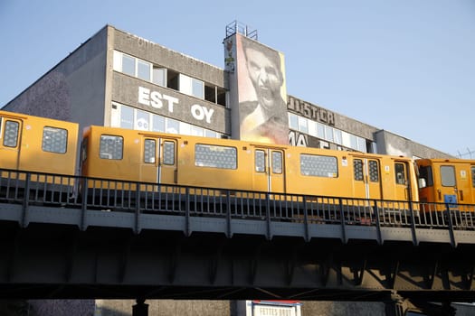 Underground line 12 on bridge direction Schlesischem Tor ,in the background Magnet Club Berlin