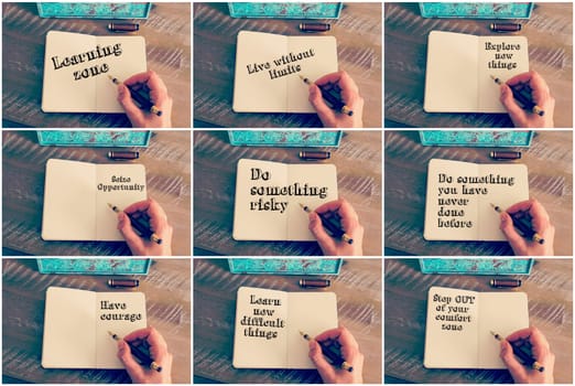 Photo Collage with various motivational messages. Retro effect and toned image of a woman hand writing a note with a fountain pen on a notebook. Concept images for self improvement