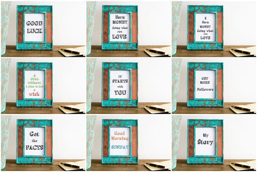 Collage of photo frames with various motivational texts. Vintage photo frame on wooden table over white wall background with motivational messages, copy space available