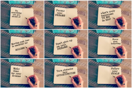 Photo Collage with various motivational messages. Retro effect and toned image of a woman hand writing a note with a fountain pen on a notebook. Concept images for self improvement