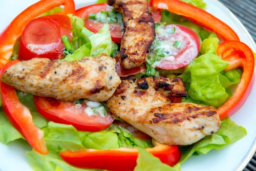 fresh salad with chicken filet and white dressing