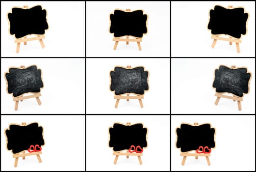 Photo collage of wooden easel mini blackboards with chalk surface, copy space available