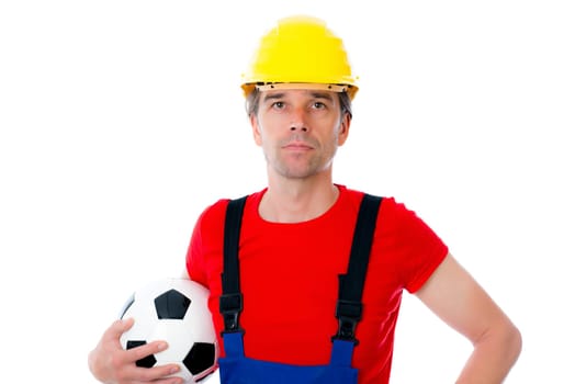 handcrafter with helmet and soccer ball in front of white background