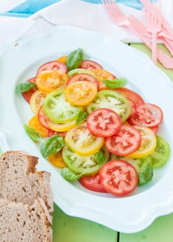 Slices of fresh organic red, green, and yellow tomatoes