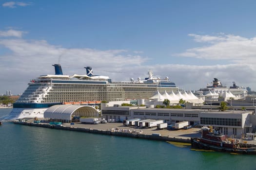 MIAMI, FLORIDA, USA - NOVEMBER 13, 2010: Cruise Ships in The Port of Miami, Florida, United States. The city is a Major Destination for Cruise Companies.