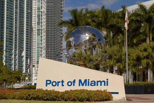 MIAMI, FLORIDA, USA - NOVEMBER 13, 2010: Entrance of the Port of Miami, One of the Busiest Cruise Terminals in the World and an Important Hub of Internacional Commerce.