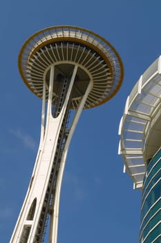 Detail of Space Needle Tower in Seattle, Washington, United States. The Space Needle was built in 1962 and is a symbol of that year's World's Fair.