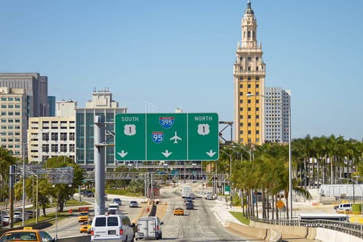 MIAMI, FLORIDA, USA - NOVEMBER 13, 2010: Traffic at The Freedom tower and Miami Downtown from Port Boulevard.