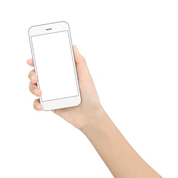 hand holding black phone isolated white clipping path inside