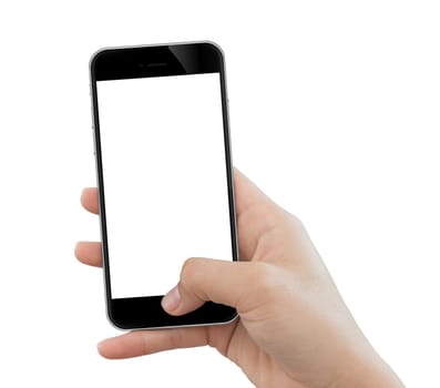 closeup hand use phone mobile isolated on white background