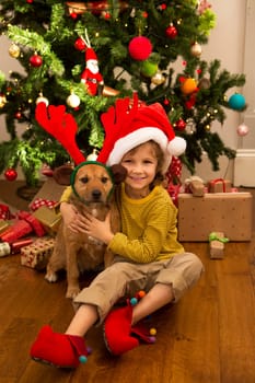 A little boy and his dog are sat cuddling in front of a Christmas Tree at home.