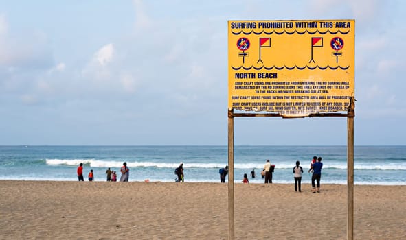 DURBAN, SOUTH AFRICA - AUGUST 17, 2015: No Surfing sign at North Beach on The Golden Mile promenade