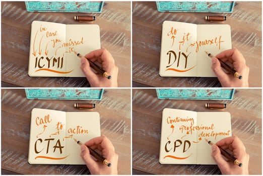 Photo collage of business acronyms and messages. Retro effect and toned image of a woman hand writing a note with a fountain pen on notebook. Business success concept