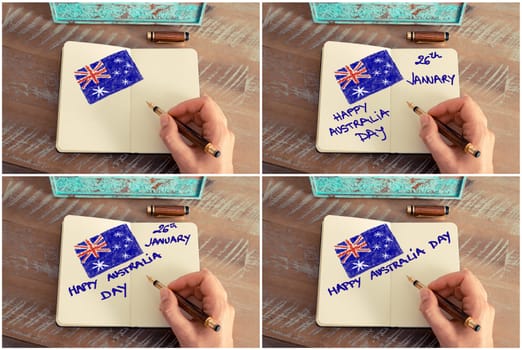 Photo collage of Retro effect and toned image of a woman hand drawing the Australian Flag with a fountain pen on a notebook. Concept image with HAPPY AUSTRALIA DAY 26 JANUARY and Australian flag