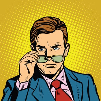 The man takes off his glasses pop art retro vector realistic hand drawing illustration