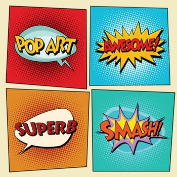 Set of retro comic bubbles pop art phrases vector. Pop art. Awesome. Superb. Smash