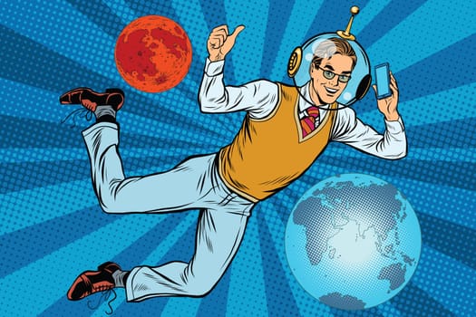Space businessman with smartphone over the planet Earth and Mars pop art retro vector. New technology. science fiction. Male astronaut. Space business