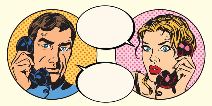 Vintage couple man and woman talking on the phone pop art retro vector