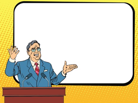 Boss business man speaking at podium, lecture or presentation pop art retro vector. Education and science