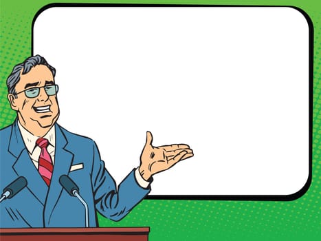 Boss business man speaking at podium, lecture or presentation pop art retro vector. Education and science