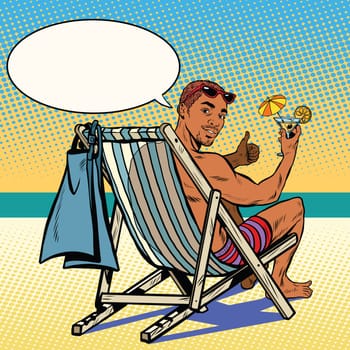 Handsome black man resting on the beach pop art retro vector. The man in the recliner. Retro vacation at sea