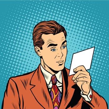 Retro pop art man reading an invitation pop art retro vector. Booklet announcement presentation
