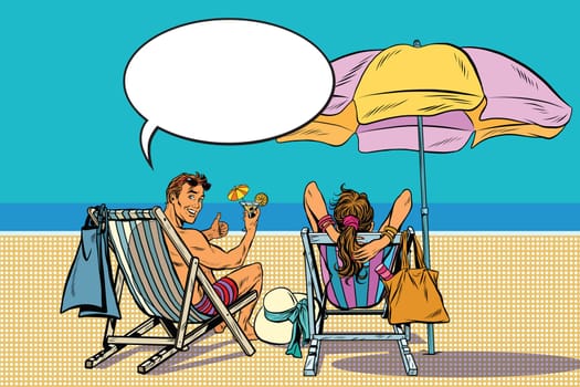 beautiful couple man and woman resting on the beach pop art retro vector. Travel and tourism. A holiday by the sea