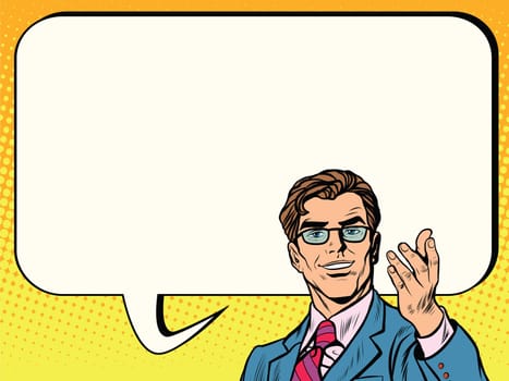 Business man poster comic bubble pop art retro vector. Advertising announcement