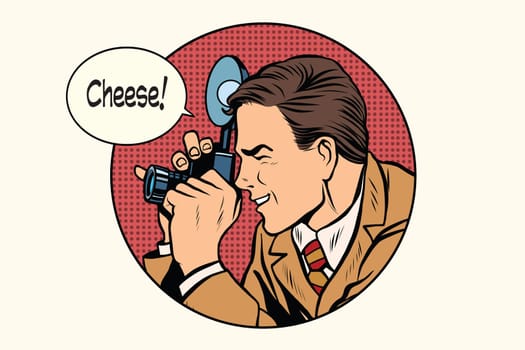 Pop art photographer cheese pop art retro vector. Profession photo. Smile