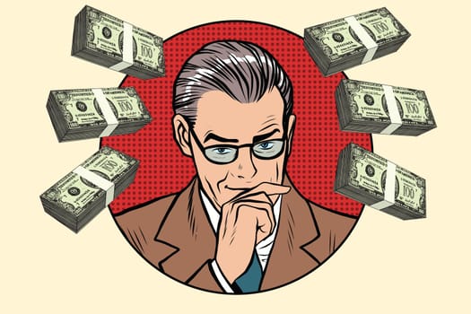 Business man and wads of money pop art retro vector. Financier accountant